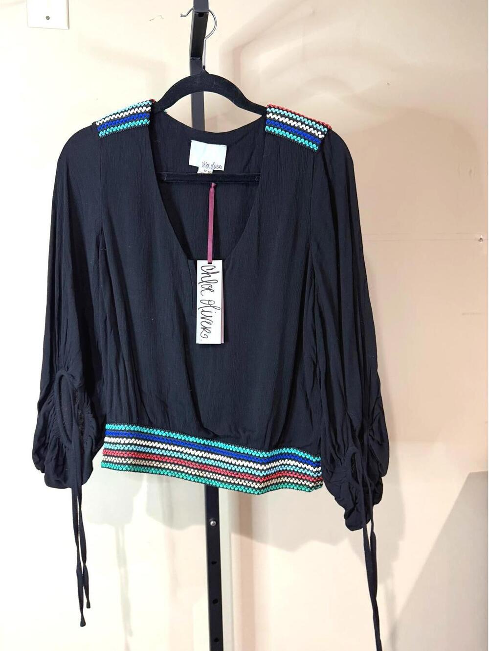 NWT Chloe Oliver Medium  Stripes Black Long Sleeve V-Neck Blouse Colorful Trim